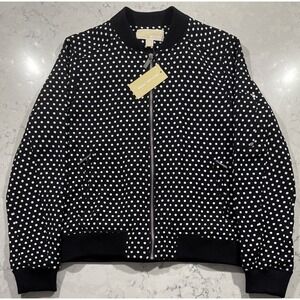 NWT MICHAEL Michael Kors Bomber Jacket Womens Medium Black White Polka Dot